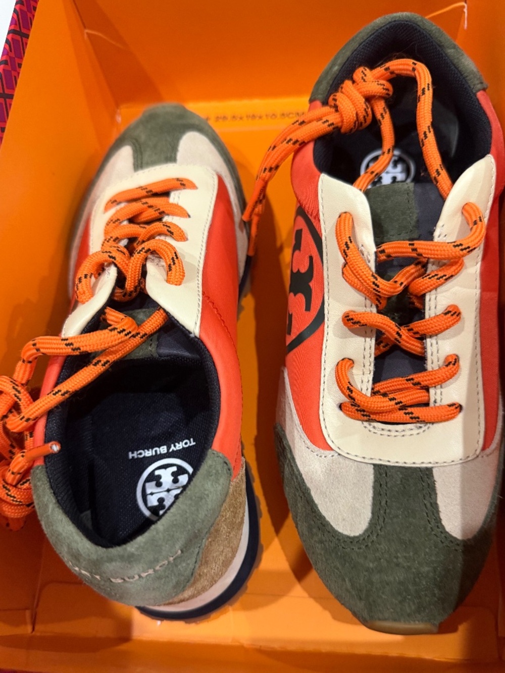 Tory Burch Nylon & Suede Runner Sneakers Orange Green Size 5.5